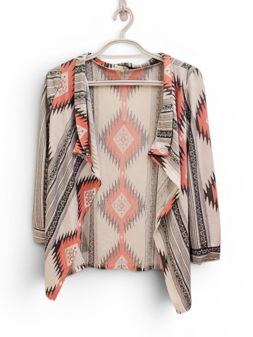Open-Front Aztec Print Cardigan Sweater - Coral & Cream
